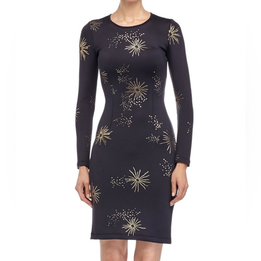 NWT Cynthia Rowley Iconic Metallic Galaxy Print Scuba Bodycon Dress Long Sleeve